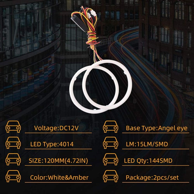 Qasim 1-Pair 120MM White+Amber Switchback 144SMD 4014 LED Halo Ring Angel Eyes Fog Warning Lights 12V - Image 2